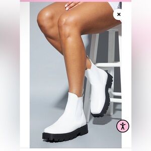 Pretty Little Thing White Chunky Sole Chelsea Square Toe Ankle Boots